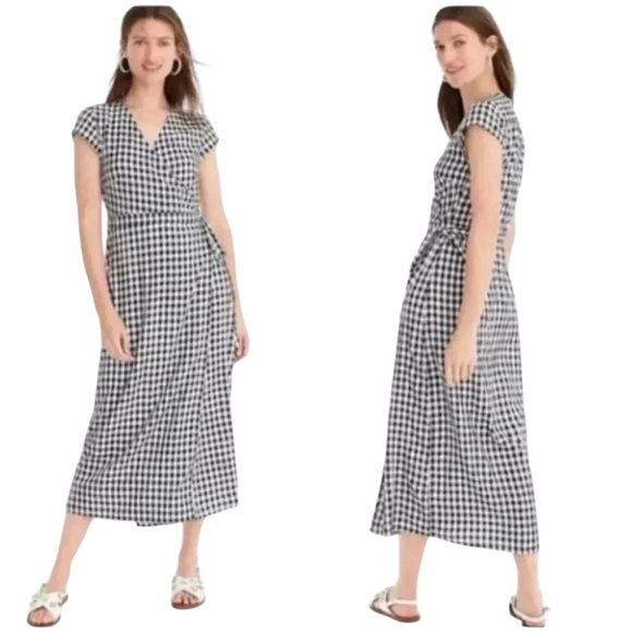 J. Crew Women's Black and White Gingham Midi Dress Wrap Style Cap Sleeves Sz XS - Picture 1 of 9